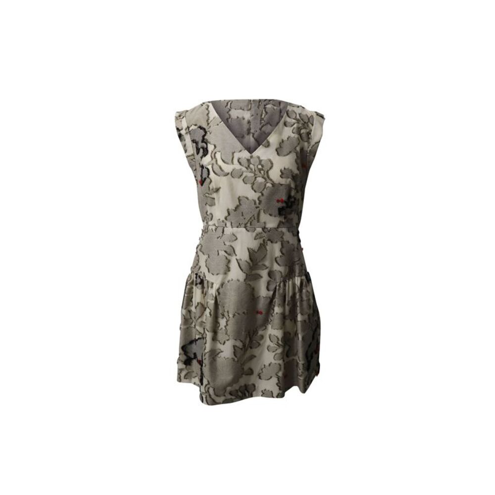Paule Ka Floral V-Neck Dress with Fur Applique in Grey Cotton